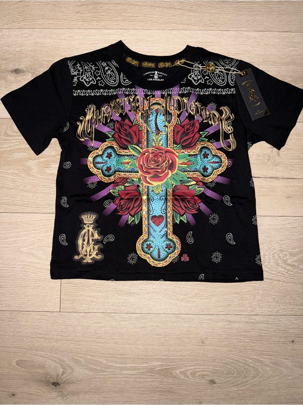 Christian Audigier Cross & Rose Rhinestone Black Baby Shirt